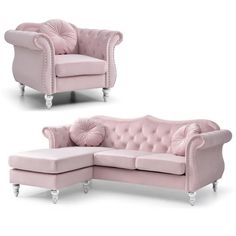 two pink couches with tufted back and arms, one in the shape of a chaise lounge