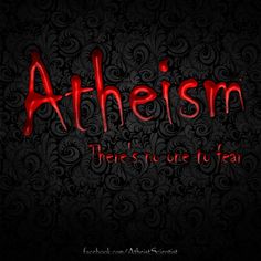 the word atheism on a black background with swirls and red lettering that reads,