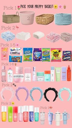 a pink poster with different items on it and the words pick your preppy basket