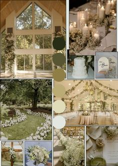 a collage of photos with flowers and candles in them, including an outdoor wedding venue