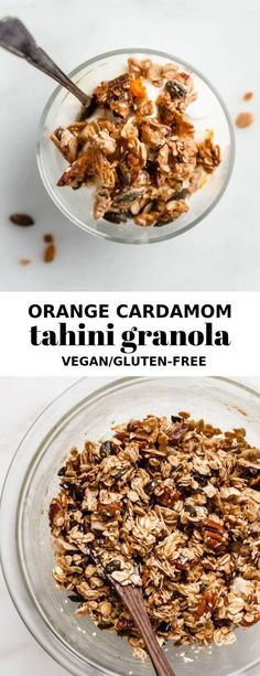 an image of granola in a glass bowl with spoons on the side and text overlay that reads orange cardamon lazing granola vegan / glutter