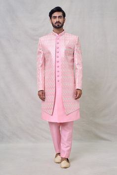 Pink sherwani with geometric embroidery and attached inner kurta. Paired with a trouser. - Aza Fashions Fitted Pink Kurta For Ceremonial Occasions, Designer Fitted Pink Kurta, Designer Pink Fitted Kurta, Designer Pink Sherwani For Festive Season, Designer Fitted Pink Sherwani, Festive Pink Designer Bandhgala, Designer Pink Sherwani, Designer Straight Kurta Sherwani For Diwali, Designer Straight Kurta Sets For Ceremonies