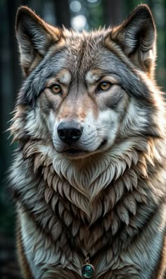 a close up of a wolf's face with trees in the background