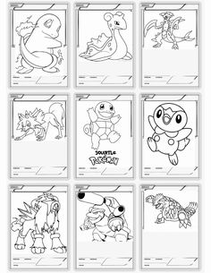 the pokemon coloring pages are shown in black and white, with different designs on them