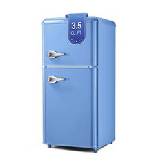 a blue refrigerator with the number 35 on it