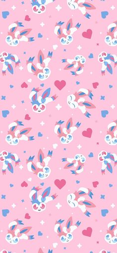 a pink background with hearts and rabbits on it