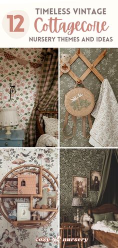 collage of vintage wallpaper and furniture with text overlay that reads 12 times vintage collage nursery themes and ideas