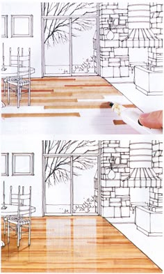 a drawing of a living room and dining room with wood flooring, windows, and chairs