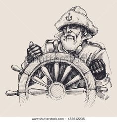 an old sailor with a steering wheel in his hand drawn sketch or ink on paper