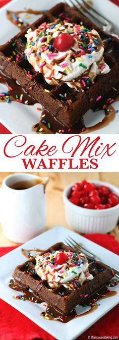 cake mix waffles with whipped cream and cherries on top