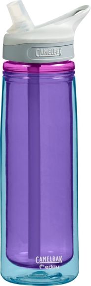 the camelbak water bottle is purple and has a straw in it's mouth