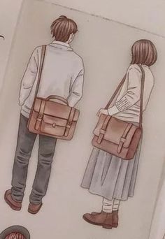 two people standing next to each other with bags on their backs