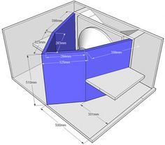 a blue box with measurements for the top and bottom section, including an open door