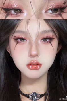 Cute Halloween Make Up Simple, Vampire Makeup Asian, Pink Makeup Looks Halloween, Chinese Halloween Makeup, Halloween Makeup Red Hair, Japanese Inspired Makeup, Douyin Colorful Makeup, Doll Makeup Looks Halloween, Naruto Makeup Inspired