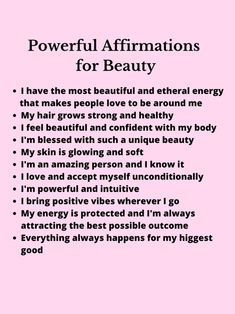 a pink poster with the words powerful affirmations for beauty