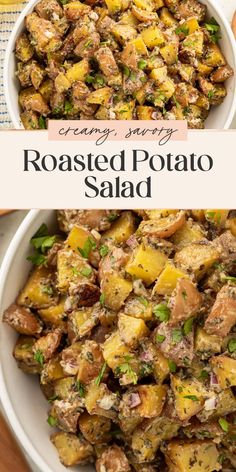 roasted potato salad in a white bowl with text overlay