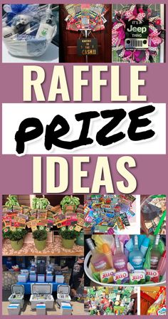 the words raffle prize ideas are shown in black and white, with images of food items