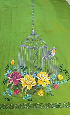 a painting of a bird in a cage with flowers on the side and green background