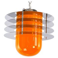 an orange glass light hanging from a metal fixture on a white background with clippings