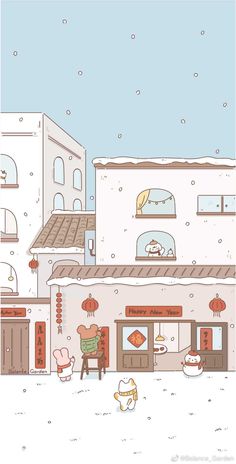 an illustration of a snow covered town with buildings and people walking in the snow on the sidewalk