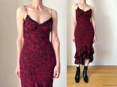 1990s silk dress by Betsey Johnson features a a bias cut bodycon silhouette with adjustable spaghetti straps, & ruffled layered asymmetrical hem with lace & tulle trim. Lace trim at bodice. Dress has no closures, & pulls on overhead. Fabric is a stunning floral lace illusion print silk in red/black, partially lined. Dress is in good vintage condition. label- Betsey Johnson New York / made in USA size- tagged 2, fits like XS measurements- bias cut silk has some flexibility chest-32" waist-25"-27" hip-36"-38" length-asymmetrical hem front 46"/ back 55" Kitteny Dress, Overhead Fabric, 90s Floral Dress, Fancy Clothing, Vintage Betsey Johnson, 90s Floral, Bodice Dress, 90s Dress, Fancy Outfits