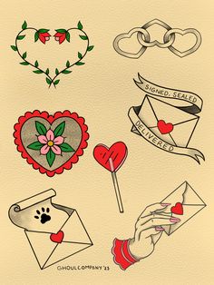 an old school tattoo design with hearts, flowers and envelopes