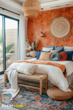 Rustic Boho bedroom with orange accent wall, woven decor, and cozy textiles. Rustic Orange Bedroom, Bedroom With Orange Accents, Orange Accent Wall, Rustic Boho Bedroom, Orange Accent Walls, Orange Bedroom