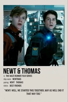 two young men standing next to each other in front of a window with the words new & thomas on it