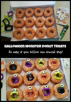 two boxes filled with donuts decorated to look like monsters