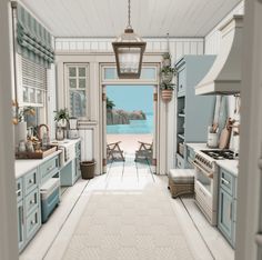 an artist's rendering of a kitchen with blue cabinets and white walls, along with a view of the ocean