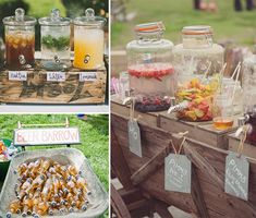 there are many different types of drinks on the table and in glass jars with labels