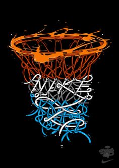 an orange and blue basketball net with graffiti on the bottom, against a black background