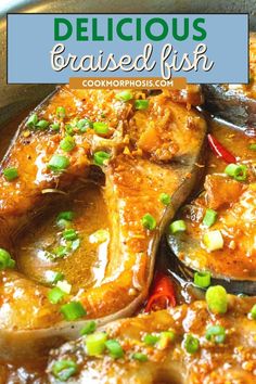 deliciously cooked fish in a sauce with green onions