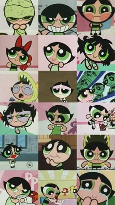 the powerpuff girls cartoon characters are depicted in this collage with different expressions