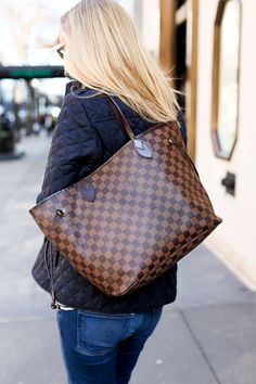 Burberry Quilted Navy Jacket / Paige Jeans / J.Crew Striped Tee / Louis Vuitton Tote Lv Monogram Bag Outfit, Lv Bag Outfit, Lv Monogram Bag, Kelly In The City, Handbags Collection, Lv Neverfull, Louis Vuitton Tote, My Style Bags, Balenciaga Handbags