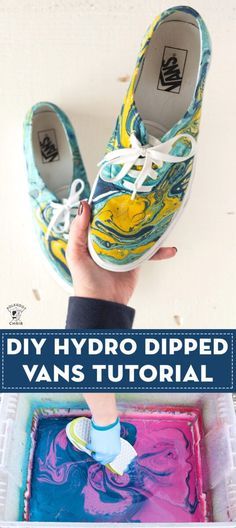 someone is holding their shoes in front of a painting with the words diy hydro dipped vans