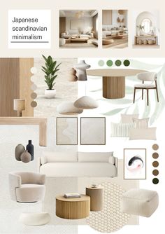 an interior design board with white furniture and green accents on the walls, along with neutral colors