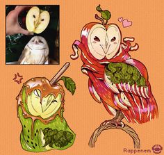 an image of two owls with apples in their beaks and one owl holding an apple