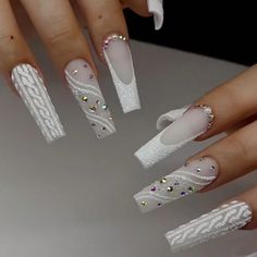 Super Cute And Stylish Ships In 5-10 Business Days Acrylic Nail Designs Coffin Long, Crystal Tip Nails, Prom White Nails, White With Silver Glitter Nails, Unique Wedding Nails For Bride, Prom Nails White, Quinceanera Nails, Geometric 3d, Nails White