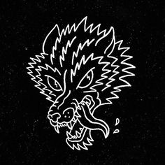 a black and white drawing of a dragon head on a dark background with stars in the sky