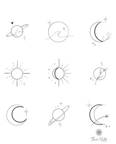 six different types of sun and moon drawings