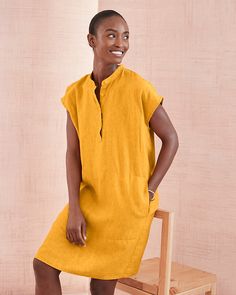 A modern shirtdress, featuring a boxy silhouette, in crisp and textural organic linen from Spain with the nuanced color of délavé dyeing.  By EILEEN FISHER exclusively for Garnet Hill. Mandarin colllar. Partial button placket. On-seam pockets. Cap Sleeve Dress, Linen Shirt Dress, Holiday Wear, Garnet Hill, Organic Linens, Capped Sleeve Dress, Shirtdress, Sewing Inspiration, Eileen Fisher