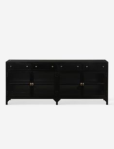 the sideboard is black and has brass hardware on it's doors, as well as two drawers