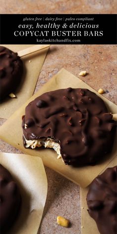 chocolate covered cookies on parchment paper with text overlay that reads easy, healthy & delicious copycat butter bars