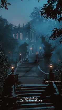 an image of stairs leading up to a house in the fog with lights on at night