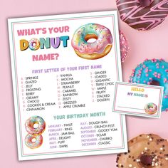 a donut birthday party game with doughnuts on the table next to it