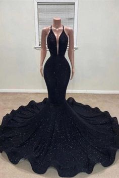 Sequined Black Halter Mermaid Prom Dress Prom Dress Halter, Black Mermaid Prom Dress, Halter Prom Dresses, Mermaid Prom Dress, V Neck Prom Dresses, Dress With Sequins, Black Mermaid, Sequin Prom Dress, Evening Party Gowns