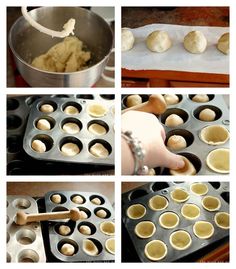 the process of making dumplings is shown in four different pictures, including doughnut holes