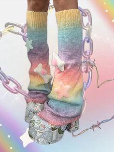 Rainbow Leg Warmers, Pastel Clowncore, Fairycore Grunge Aesthetic, Pink Leg Warmers, Neon Futuristic, Bones Design, Pastel Kidcore, 90s Stars, Kawaii Leg Warmers