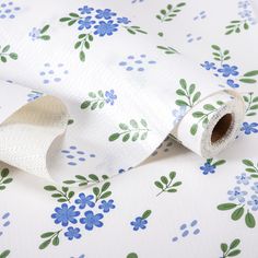 a roll of toilet paper on top of a flowered wallpaper covered in blue and green flowers